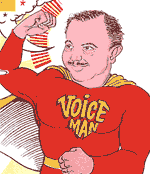 Cartoon of Mel Blanc as SuperFun Voice Man