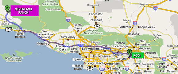 Map showing route from Neverland Ranch to Riverside, CA.