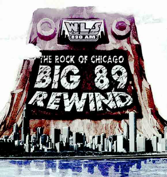 Picture of Big Rock Mountain behind Chicago skyline engraved with THE ROCK OF CHICAGO BIG 89 REWIND, and the entire scene reflected in the lake